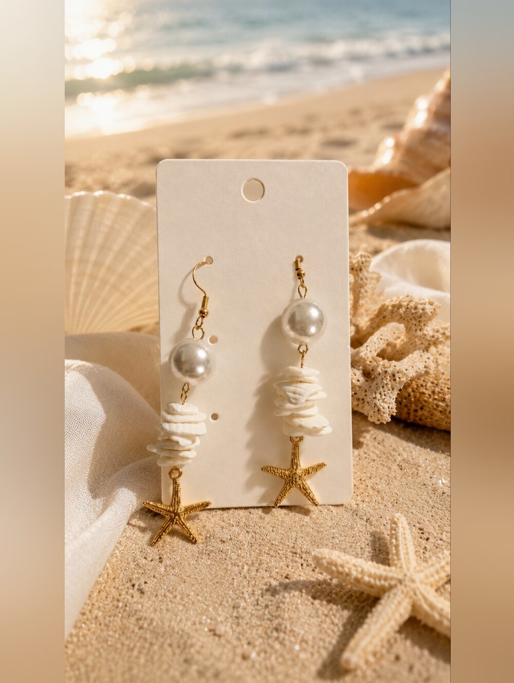 ​Coastal Gold Starfish & Pearl Dangle Earrings with White Seashell Accents